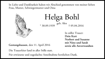 Anzeige von Helga Bohl von MGO