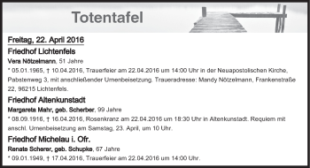 Anzeige von Totentafel vom 22.04.2016 von MGO