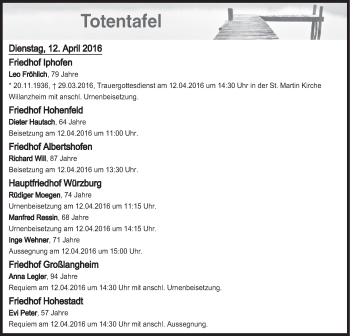 Anzeige von Totentafel vom 12.04.2016 von MGO