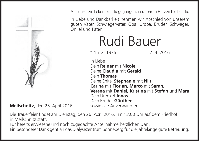  Traueranzeige für Rudi Bauer vom 25.04.2016 aus MGO