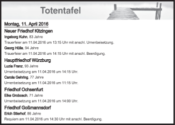 Anzeige von Totentafel vom 11.04.2016 von MGO
