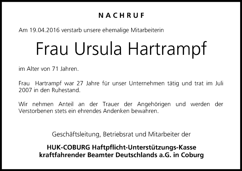  Traueranzeige für Ursula Hartrampf vom 27.04.2016 aus MGO