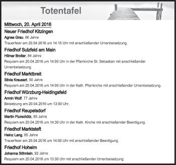 Anzeige von Totentafel vom 20.04.2016 von MGO