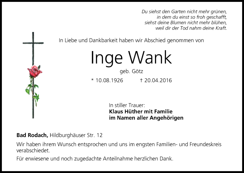  Traueranzeige für Inge Wank vom 30.04.2016 aus MGO