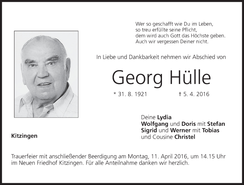  Traueranzeige für Georg Hülle vom 07.04.2016 aus MGO