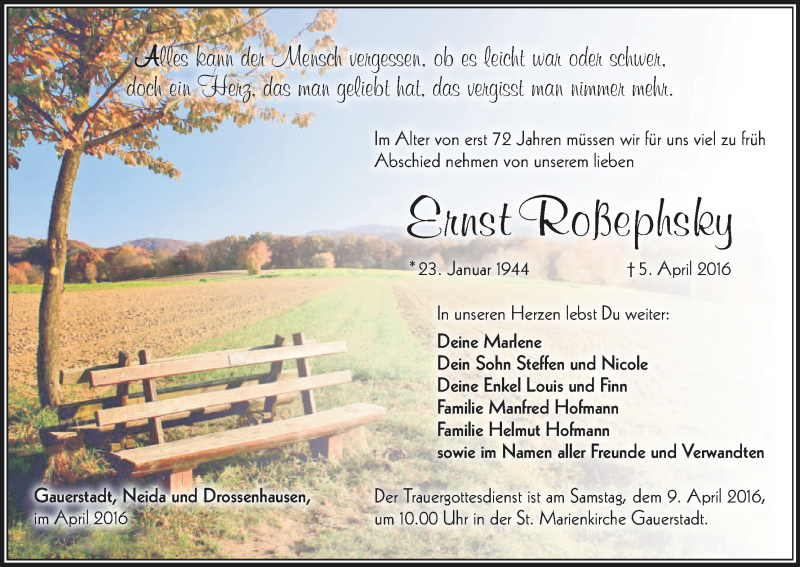  Traueranzeige für Ernst Roßephsky vom 08.04.2016 aus MGO