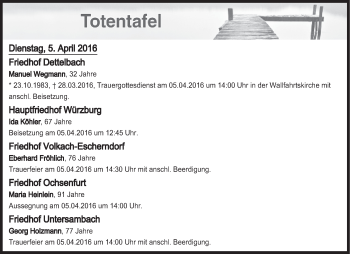 Anzeige von Totentafel vom 05.04.2016 von MGO