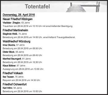 Anzeige von Totentafel vom 28.04.2016 von MGO