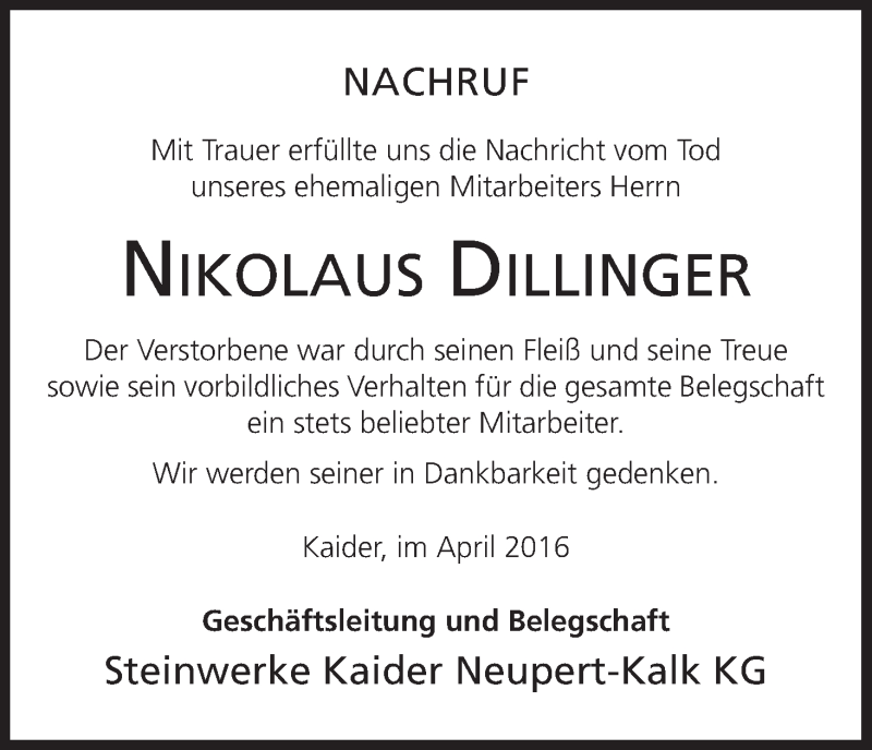  Traueranzeige für Nikolaus Dillinger vom 12.04.2016 aus MGO