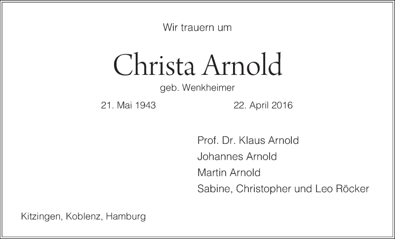  Traueranzeige für Christa Arnold vom 30.04.2016 aus MGO