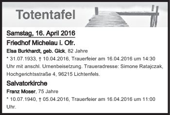 Anzeige von Totentafel vom 16.04.2016 von MGO
