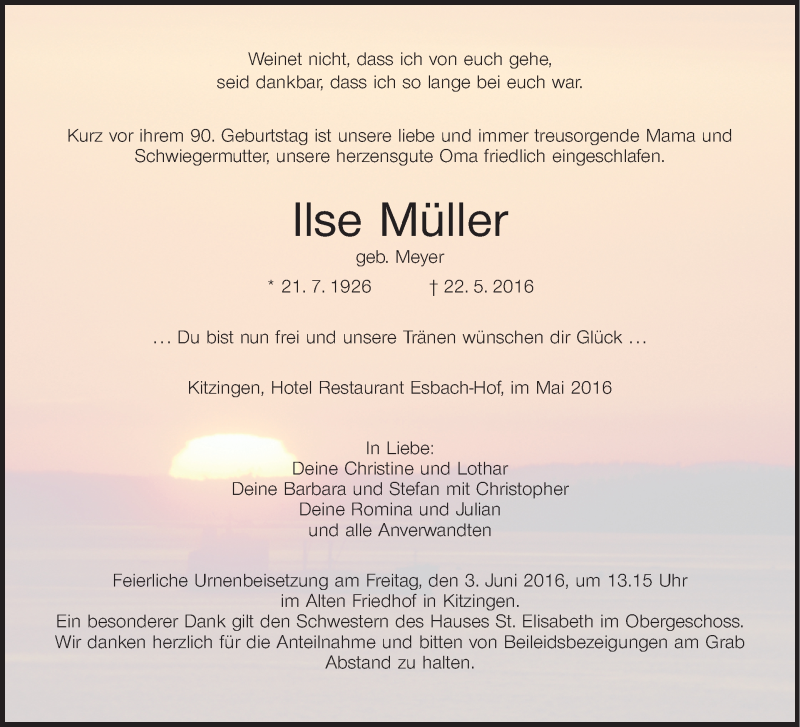  Traueranzeige für Ilse Müller vom 28.05.2016 aus MGO