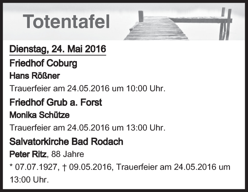  Traueranzeige für Totentafel vom 24.05.2016 vom 24.05.2016 aus MGO