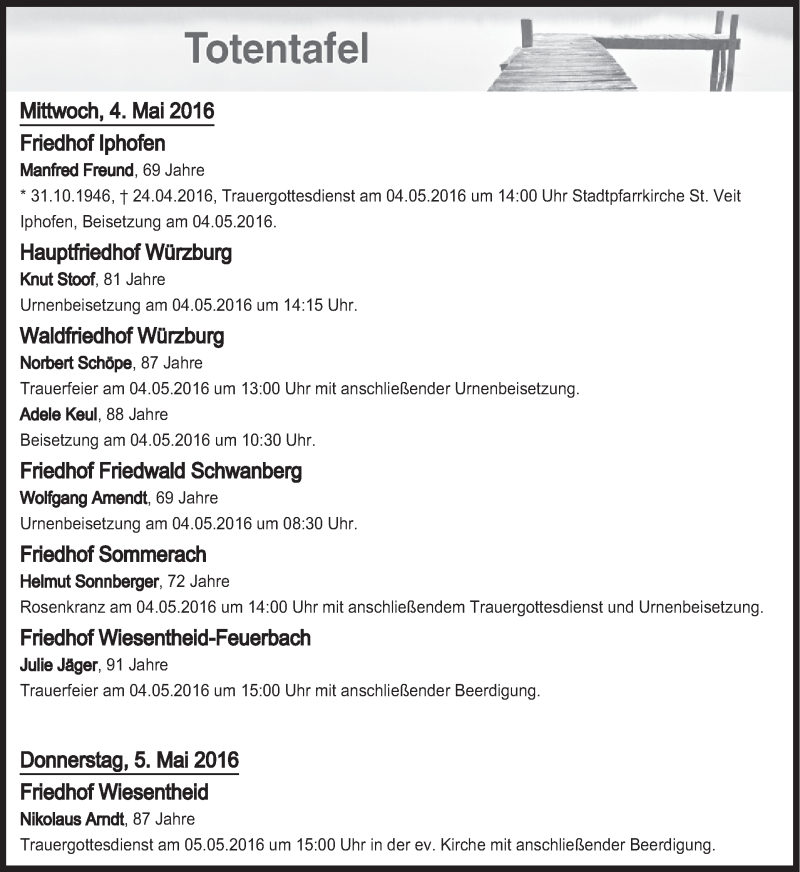  Traueranzeige für Totentafel vom 04.05.2016 vom 04.05.2016 aus MGO