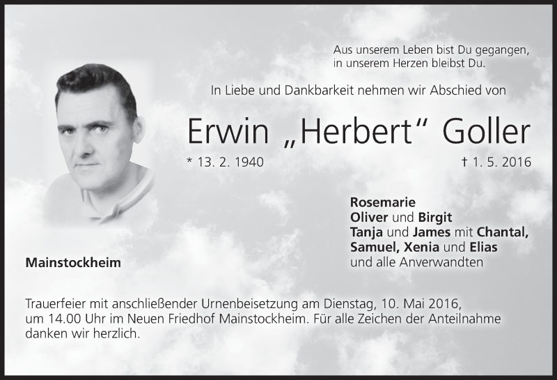  Traueranzeige für Erwin Goller vom 07.05.2016 aus MGO