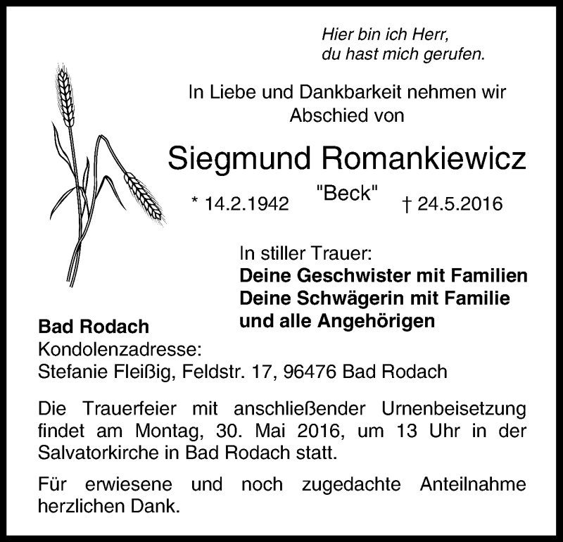  Traueranzeige für Siegmund Romankiewicz vom 26.05.2016 aus MGO