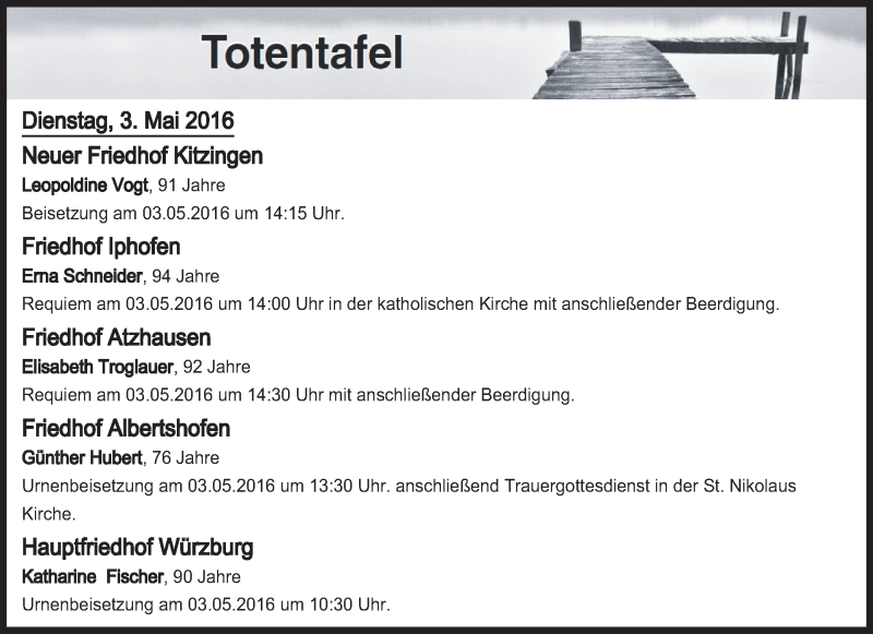  Traueranzeige für Totentafel vom 03.05.2016 vom 03.05.2016 aus MGO