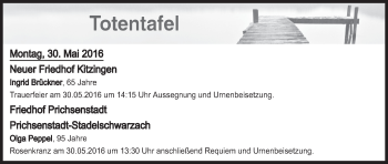 Anzeige von Totentafel vom 30.05.2016 von MGO