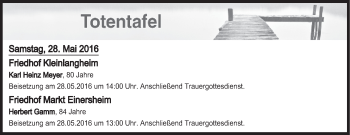 Anzeige von Totentafel vom 28.05.2016 von MGO