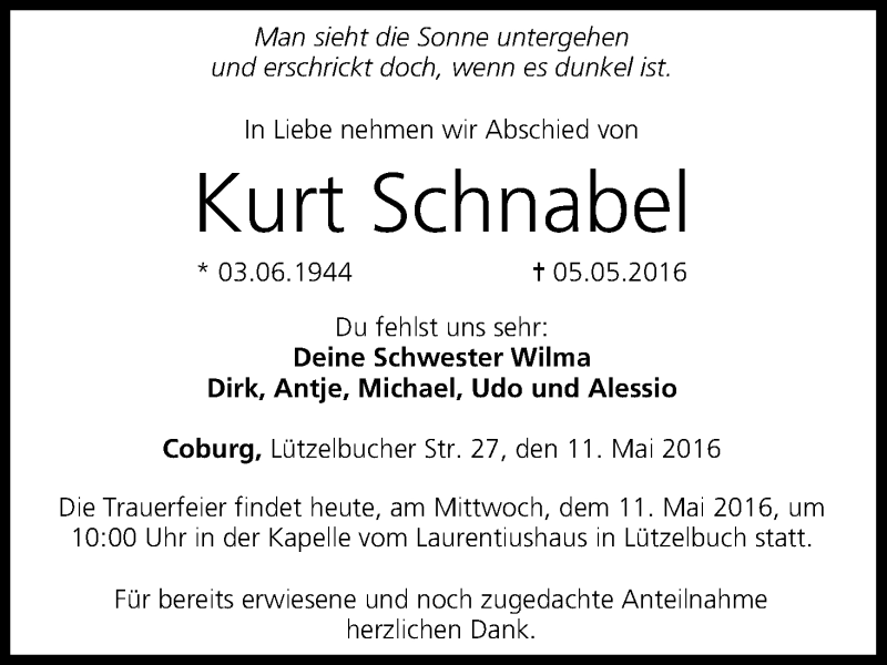  Traueranzeige für Kurt Schnabel vom 11.05.2016 aus MGO