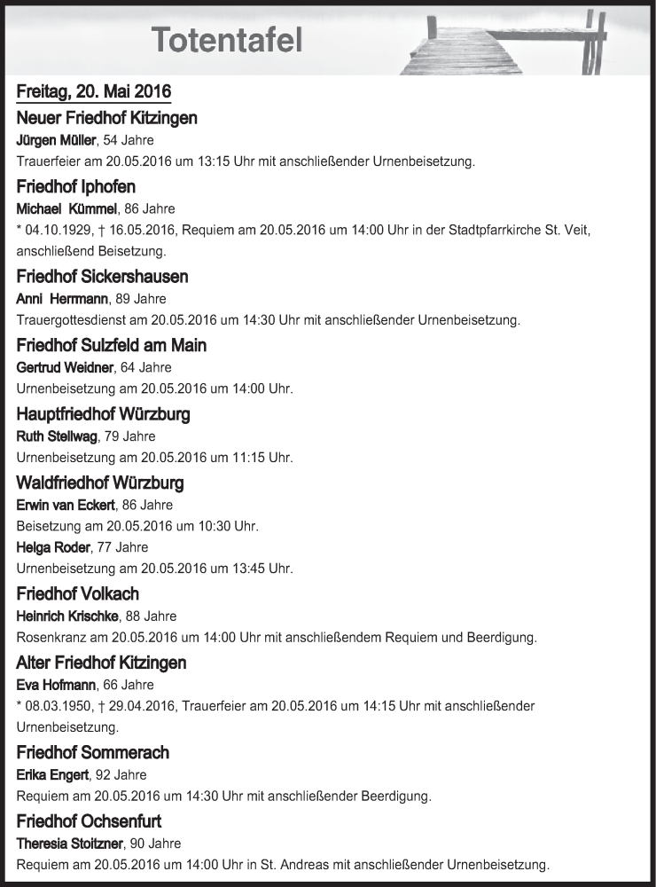  Traueranzeige für Totentafel vom 20.05.2016 vom 20.05.2016 aus MGO