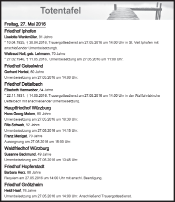 Anzeige von Totentafel vom 27.05.2016 von MGO