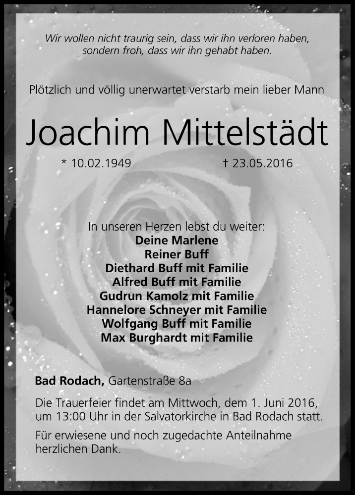  Traueranzeige für Joachim Mittelstädt vom 28.05.2016 aus MGO