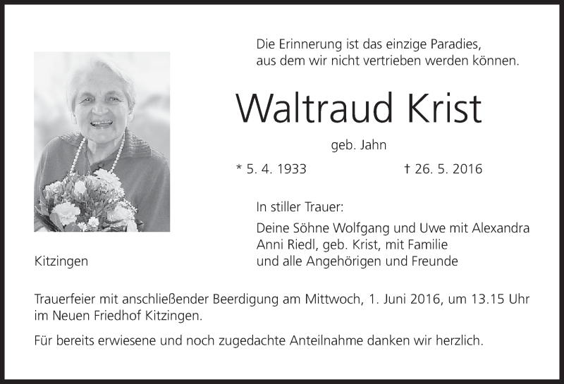  Traueranzeige für Waltraud Krist vom 28.05.2016 aus MGO