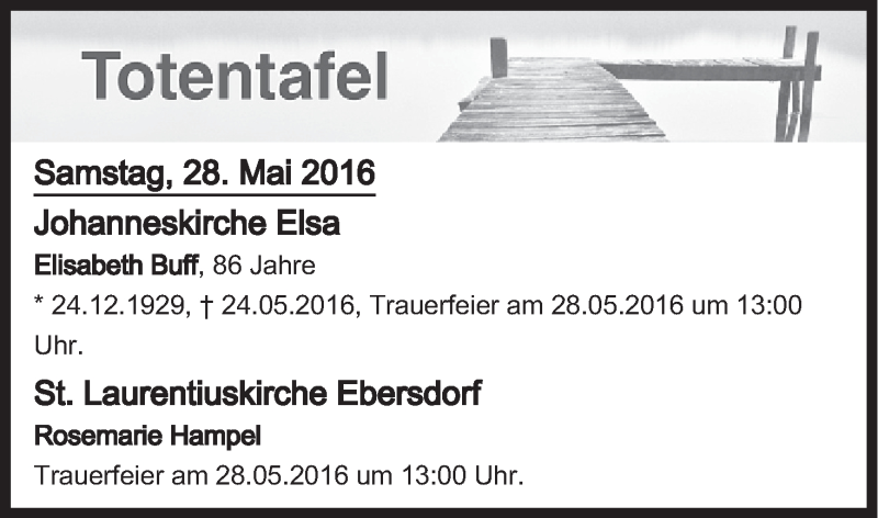  Traueranzeige für Totentafel vom 28.05.2016 vom 28.05.2016 aus MGO