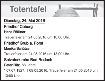 Anzeige von Totentafel vom 24.05.2016 von MGO