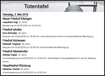 Anzeige von Totentafel vom 03.05.2016 von MGO