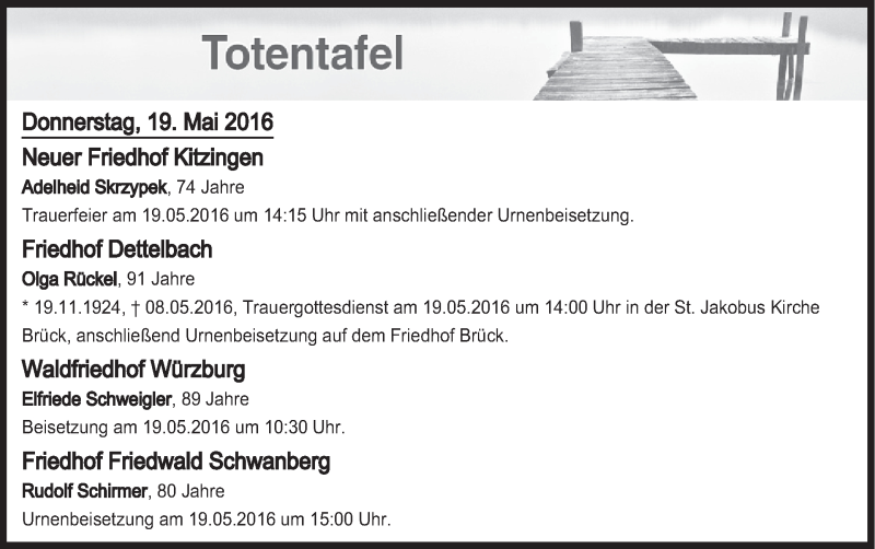  Traueranzeige für Totentafel vom 19.05.2016 vom 19.05.2016 aus MGO