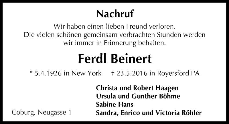  Traueranzeige für Ferdl Beinert vom 31.05.2016 aus MGO