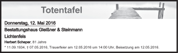 Anzeige von Totentafel vom 12.05.2016 von MGO