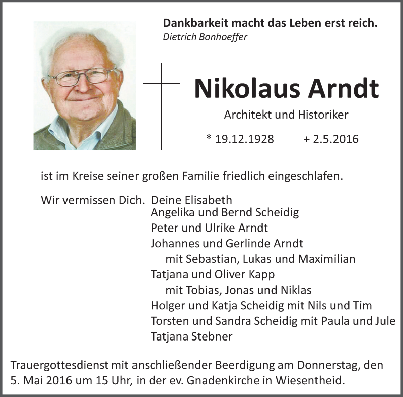  Traueranzeige für Nikolaus Arndt vom 04.05.2016 aus MGO