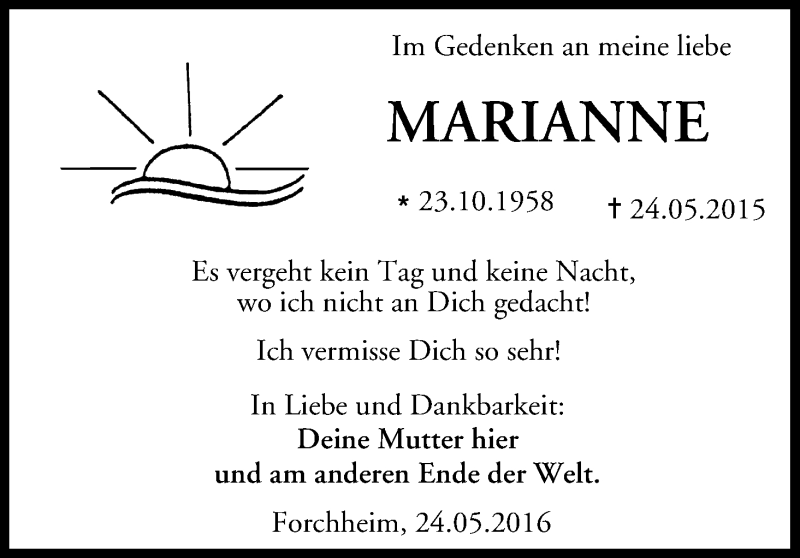  Traueranzeige für Marianne  vom 24.05.2016 aus MGO