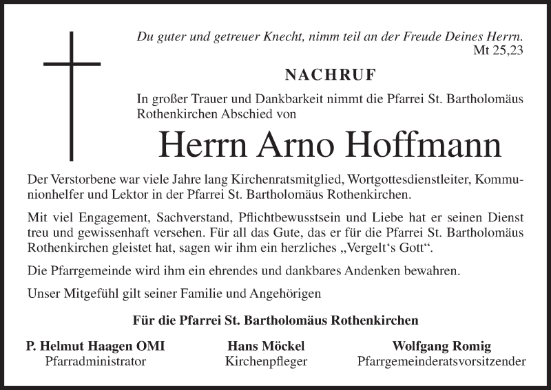  Traueranzeige für Arno Hoffmann vom 10.05.2016 aus MGO