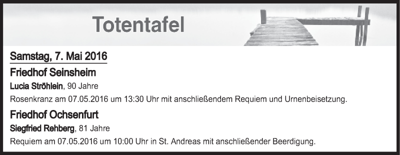  Traueranzeige für Totentafel vom 07.05.2016 vom 07.05.2016 aus MGO