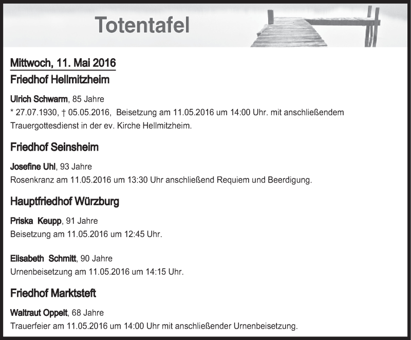  Traueranzeige für Totentafel vom 11.05.2016 vom 11.05.2016 aus MGO