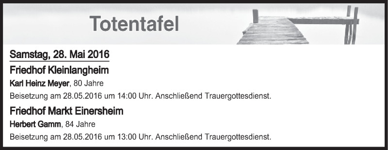  Traueranzeige für Totentafel vom 28.05.2016 vom 28.05.2016 aus MGO