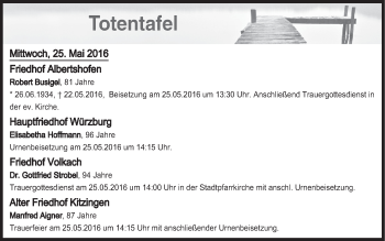 Anzeige von Totentafel vom 25.05.2016 von MGO