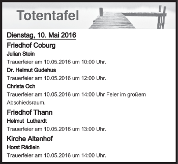 Anzeige von Totentafel vom 10.05.2016 von MGO