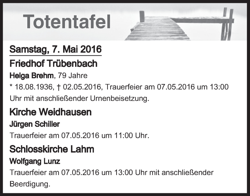  Traueranzeige für Totentafel vom 07.05.2016 vom 07.05.2016 aus MGO