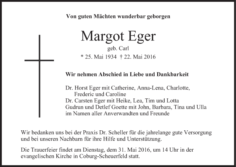  Traueranzeige für Margot Eger vom 26.05.2016 aus MGO