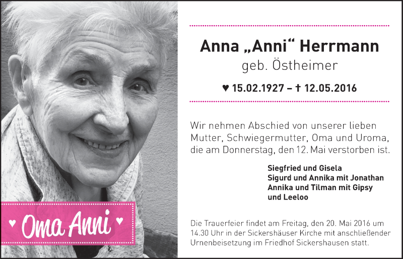  Traueranzeige für Anna Herrmann vom 17.05.2016 aus MGO