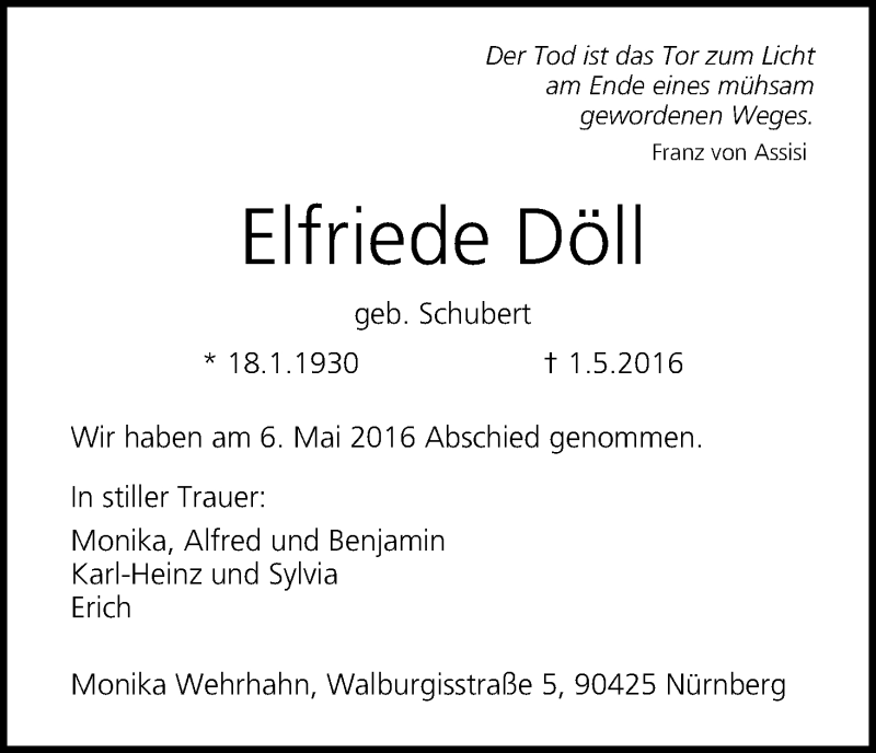  Traueranzeige für Elfriede Döll vom 07.05.2016 aus MGO