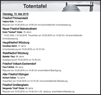 Anzeige von Totentafel vom 10.05.2016 von MGO