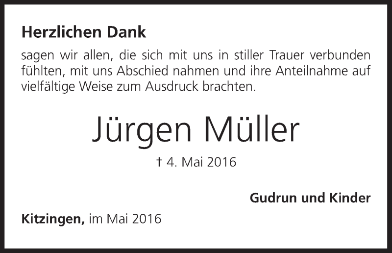  Traueranzeige für Jürgen Müller vom 28.05.2016 aus MGO