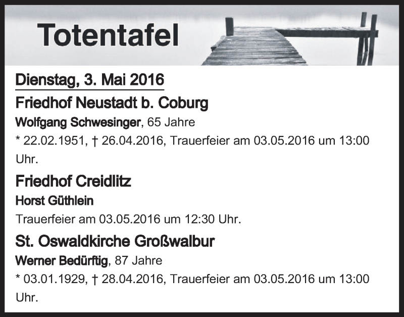  Traueranzeige für Totentafel vom 03.05.2016 vom 03.05.2016 aus MGO