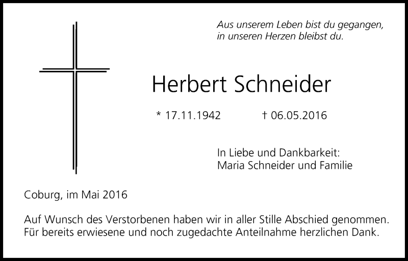 Traueranzeige für Herbert Schneider vom 14.05.2016 aus MGO